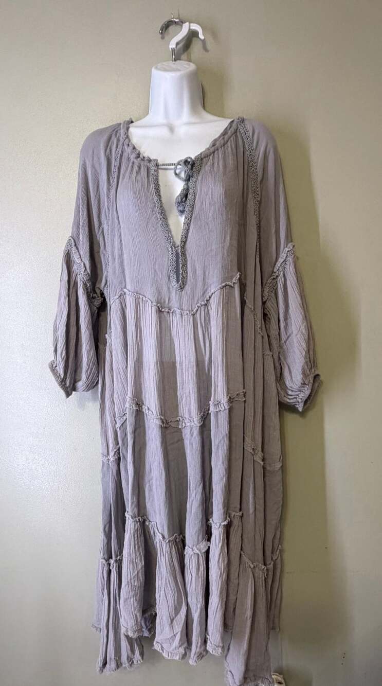 Free People In The Moment Ruffle Tiered Tassels Tie Midi Dress Taupe Grey XS